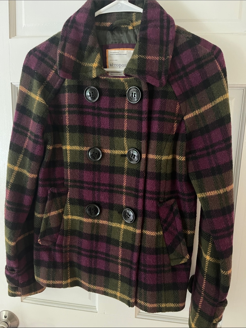 Aeropostale Purple & Olive Plaid Double-Breasted Peacoat